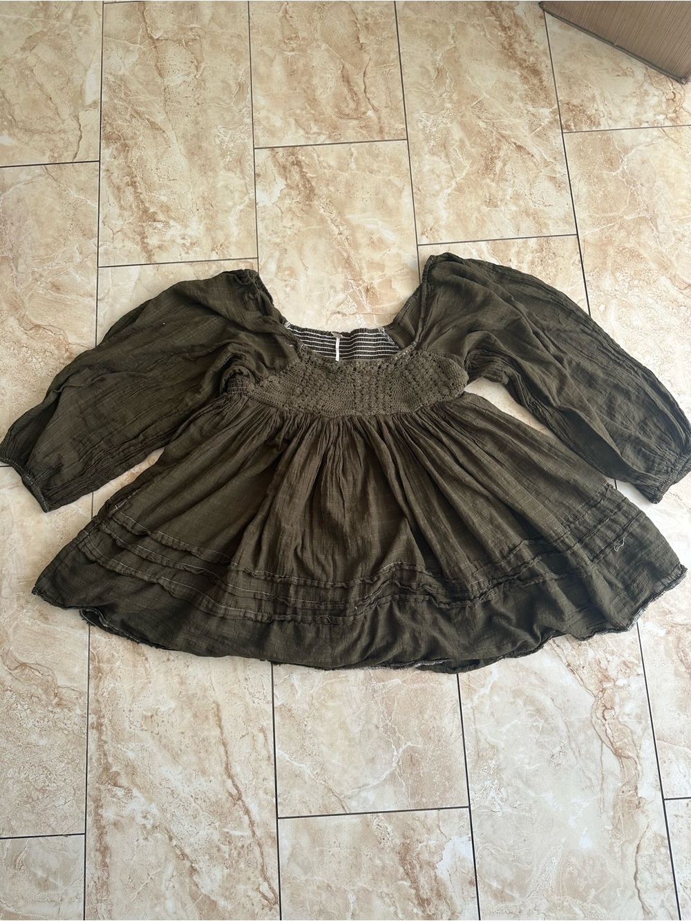 Free People Olive Peasant Tunic with Smocked Waist - Picture 2 of 9